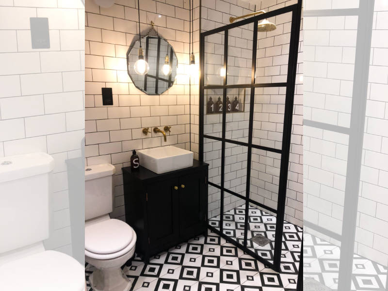 Bespoke bathroom with patterned floor tiles